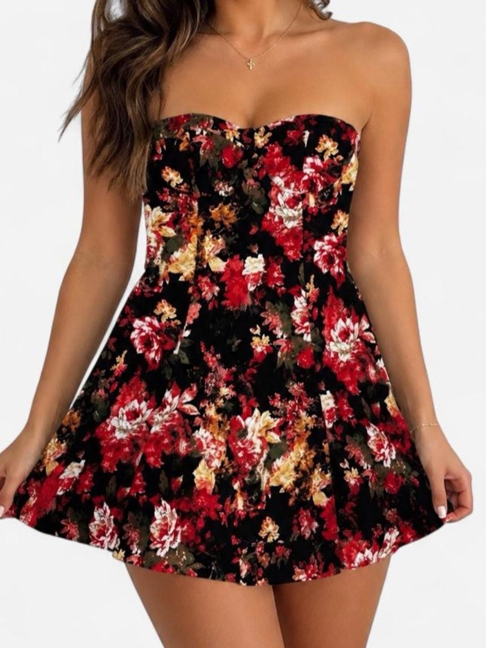 Chocolate Black Floral Strapless Skater Dress